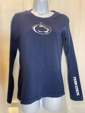 Nike Navy Long Sleeve Tee with White Penn State Logo on chest and sleeve-women-M
